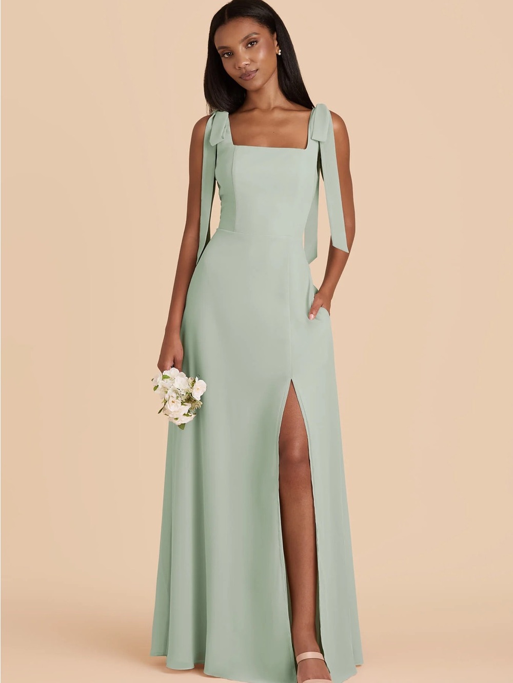Sage Green Tie-Shoulder Maxi Dress for Weddings
